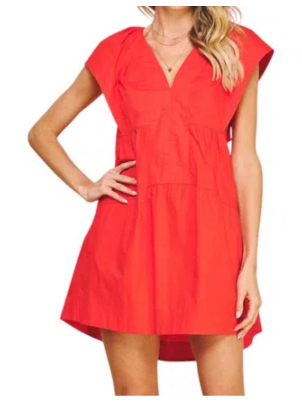 Pinch Red V-Neck Mini Dress with Cap Sleeves